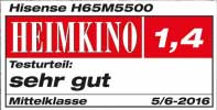 Das Magazin Heimkino bewertete den H65M5550 in der Kategorie Mittelklasse-TV mit dem Testurteil "Sehr gut" (Note 1.4)