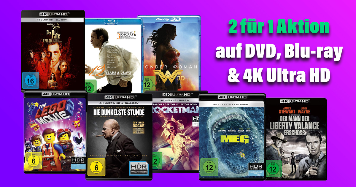 Über 480 DVDs Blu rays und 4K Ultra HD Titel in der 2 für 1 Sparpaket