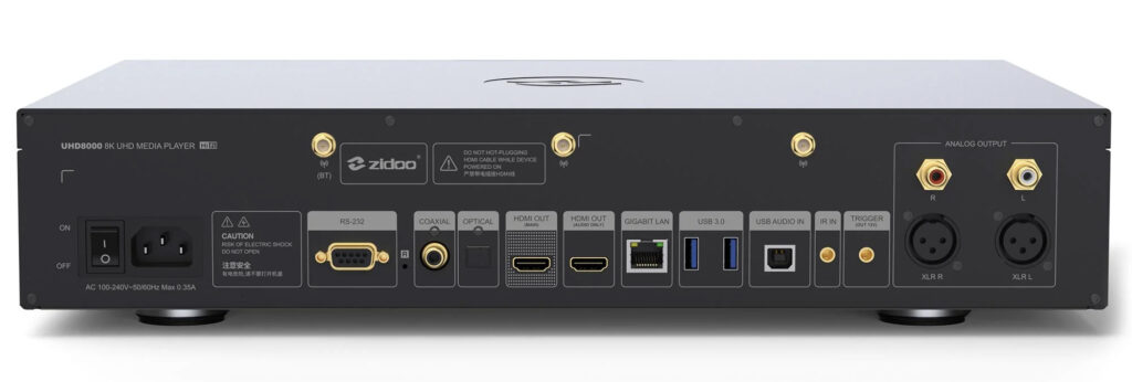 Die Anschlüsse auf der Rückseite des Zidoo UHD8000 inkl. Dual-HDMI-Ausgang