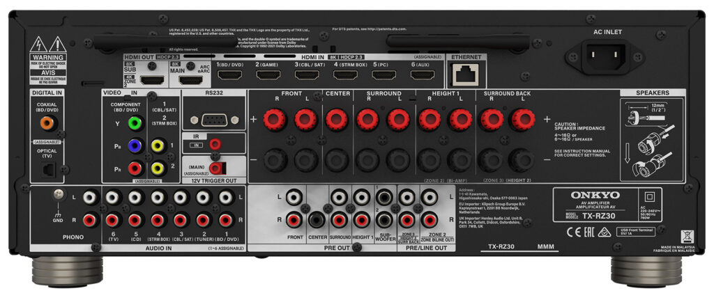 Der Großteil der Anschlüsse (inkl. HDMI 2.1) befindet sich auf dem Terminal auf der Rückseite des Onkyo TX-RZ30