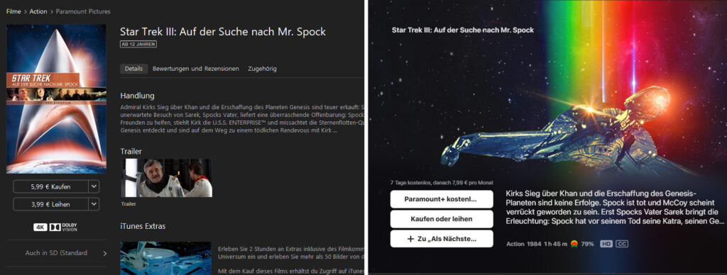Auf der Apple TV-App (rechts) wird die Ausstattung von Filmen des öfteren falsch ausgegeben. Links iTunes mit der korrekten Ausstattung (Star Trek III in 4K, HDR und Dolby Vision)