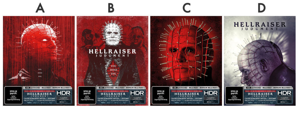 Auswahl der Hellraiser Judgement 4K Blu-ray Full-Slip Steelbooks. Alle Varianten sind auf je 999 Exemplare limitiert.