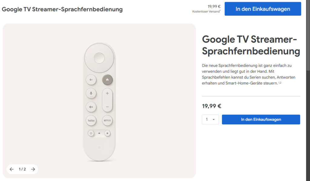 Die Listung der Google TV Sprachfernbedienung im Google Store