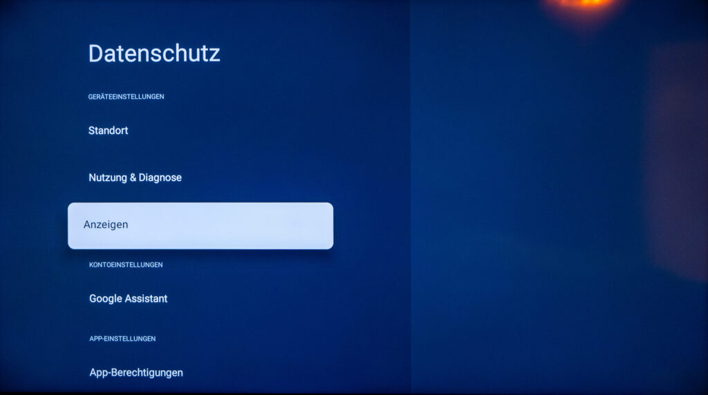 Anzeigen öffnen unter System > Datenschutz Sony Smart TV Android TV / Google TV