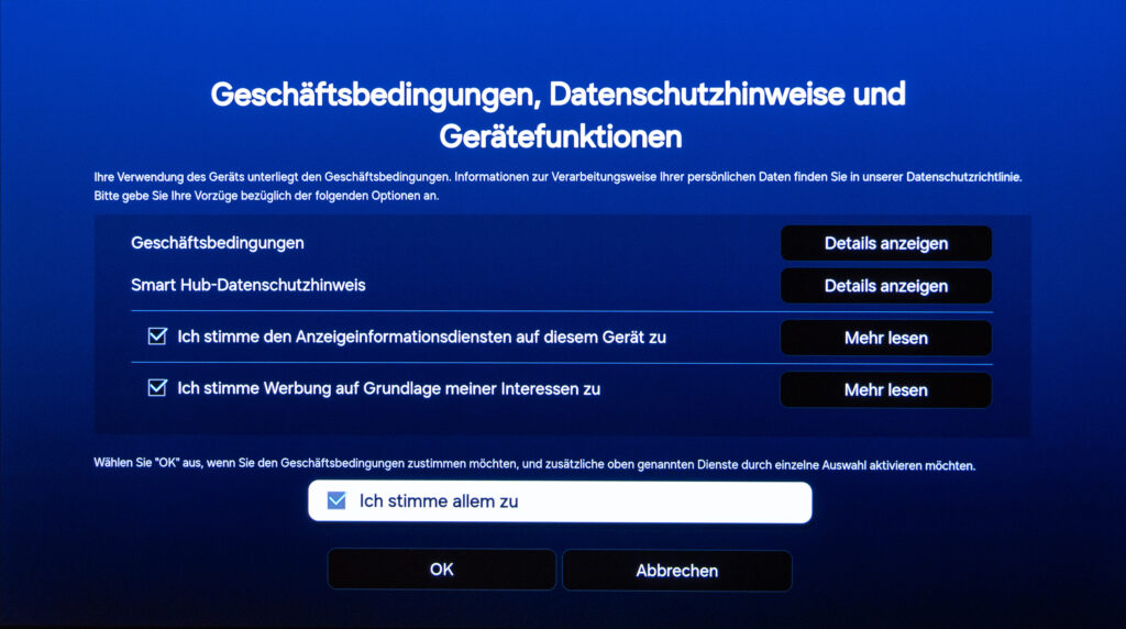 Anzeigeninformationsdienste und Werbung deaktivieren Tizen OS Samsung Smart TV