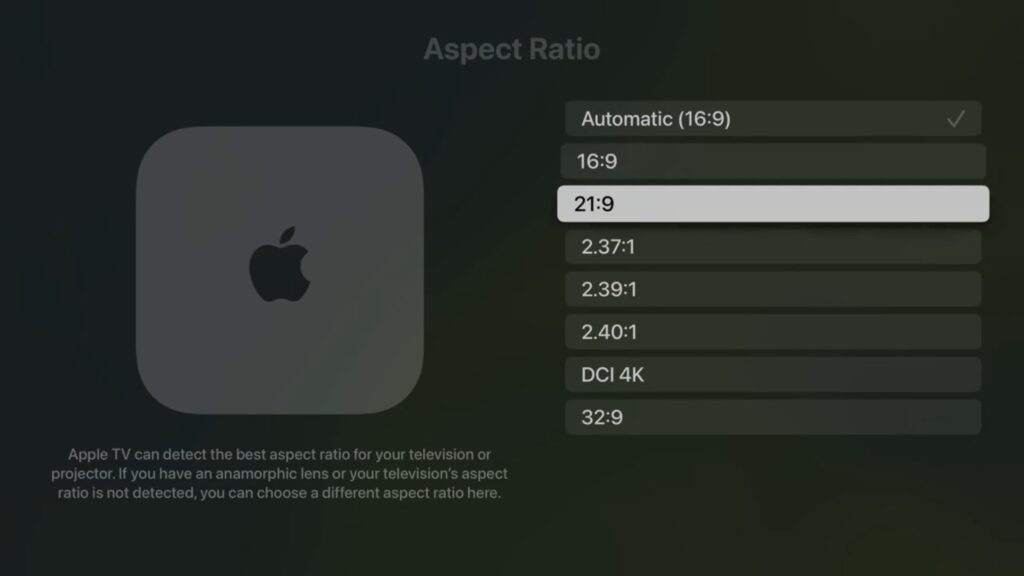 tvOS 18.2 ermöglicht es am Apple TV 4K auch Bildformate wie 21:9 oder 32:9 auszuwählen.