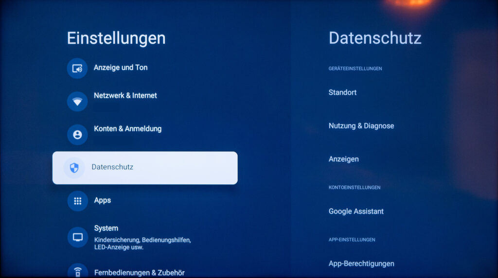 Einstellungen > Datenschutz aufrufen Sony Smart TV Android TV / Google TV