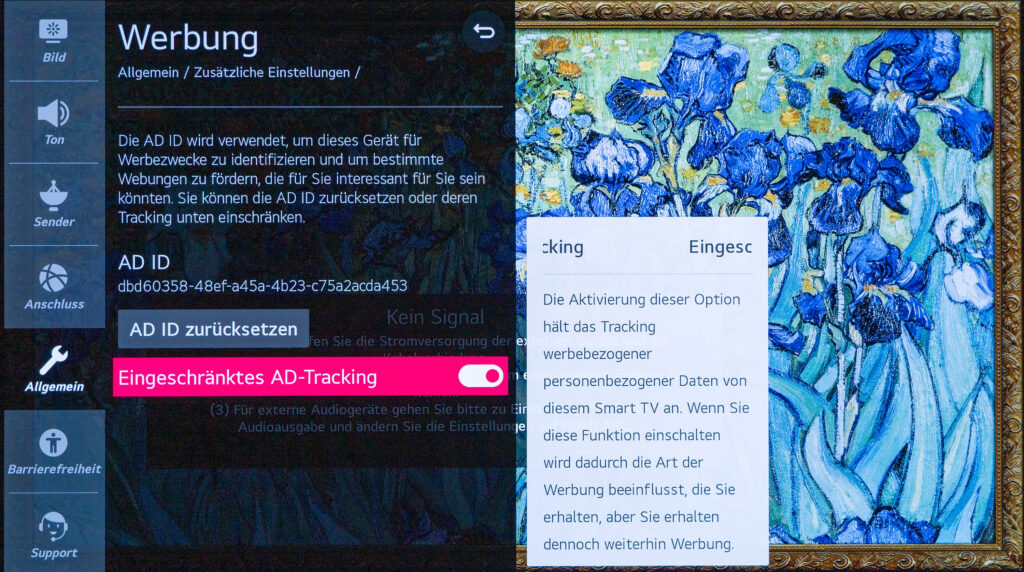 Eingeschränktes AD-Tracking aktivieren webOS LG Smart TV