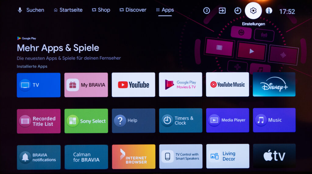 Einstellungen oben rechts aufrufen Sony Smart TV Android TV / Google TV
