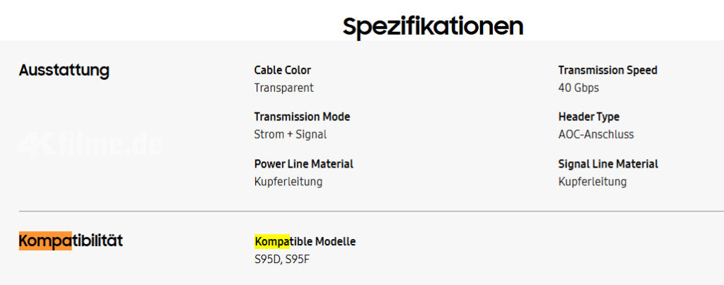 Der Samsung S95F 4K OLED TV taucht in den Spezifikationen des 5m One Connect Kabels auf. 