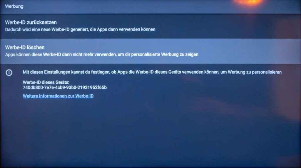 Werbe-ID löschen Sony Smart TV Android TV / Google TV