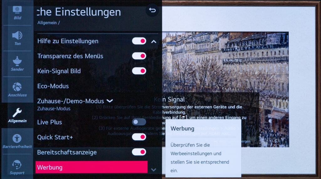 Werbung unter zusätzliche Einstellungen webOS LG Smart TV