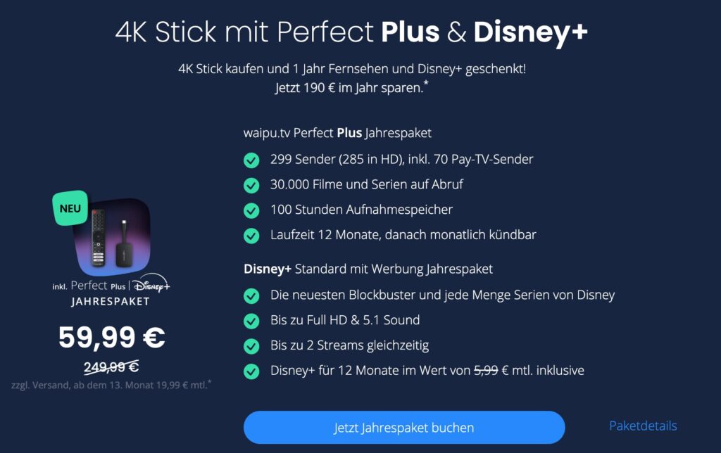 waipu.tv will euch zum Abo Perfect Plus mit Disney+ Standard mit Werbung locken.