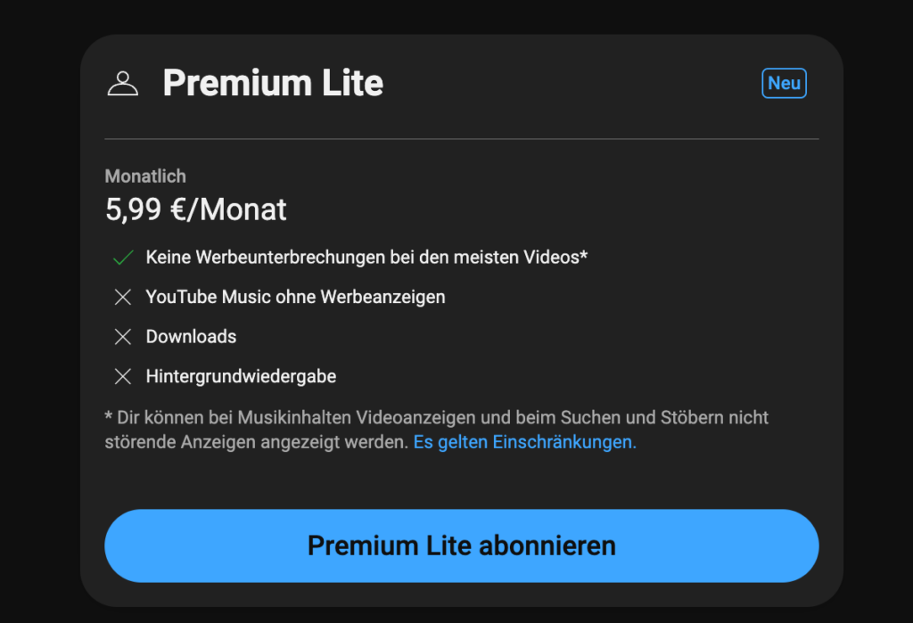 YouTube Premium Lite streicht die Funktionen zusammen.